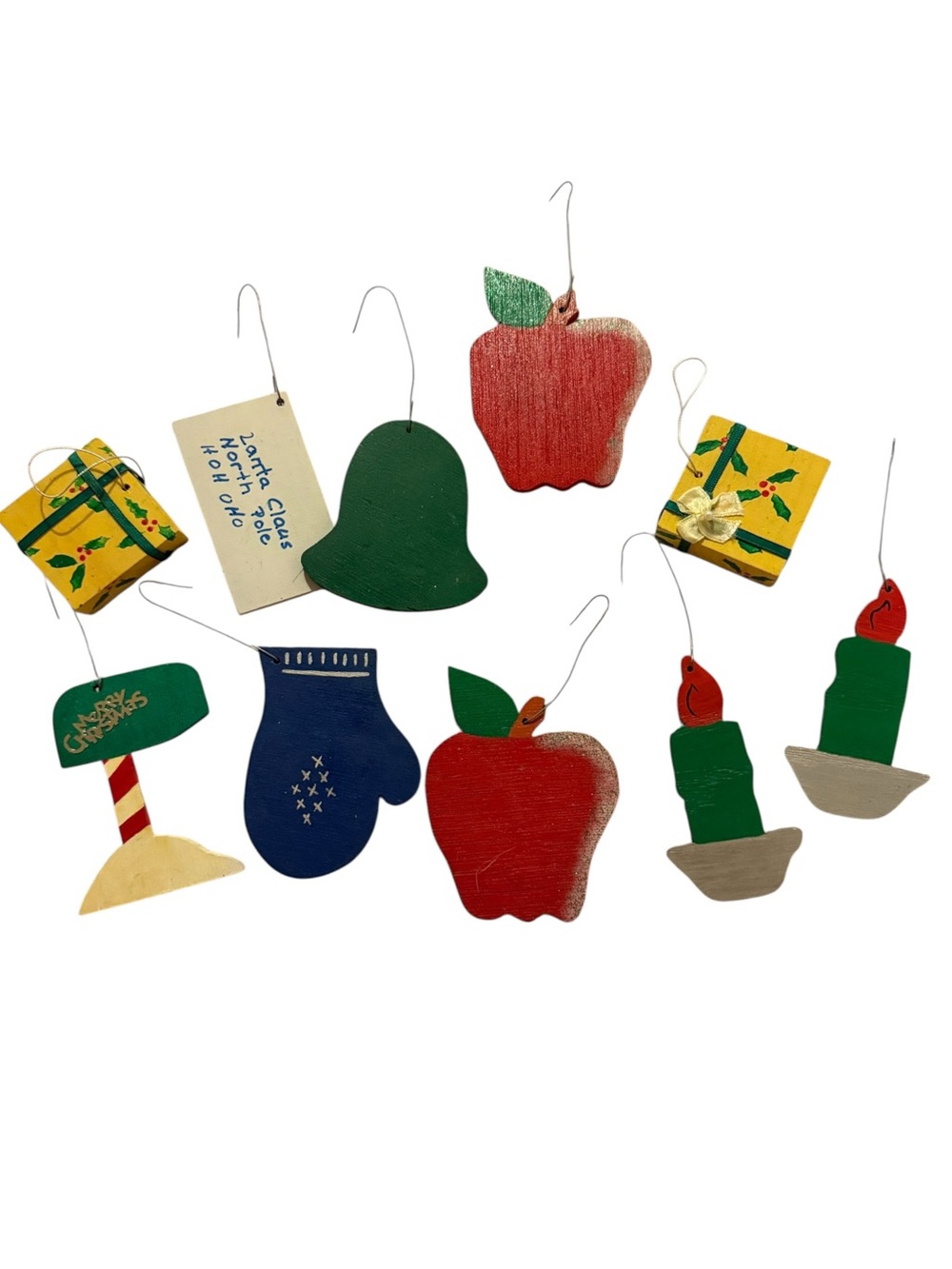 Handpainted Wood Holiday Ornament Set in Red, Green, Blue, Yellow